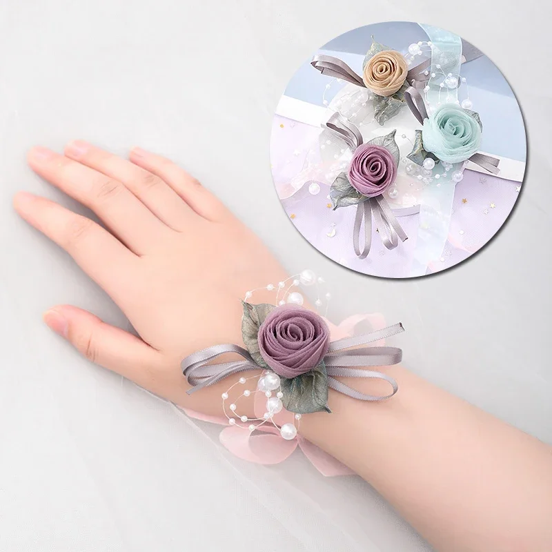 1PC Artificial Rose Bracelet Bride Wrist Flowers Bridesmaid Pearl Ribbon Corsage Hand Floral Chain Wedding Party Decoration Gift