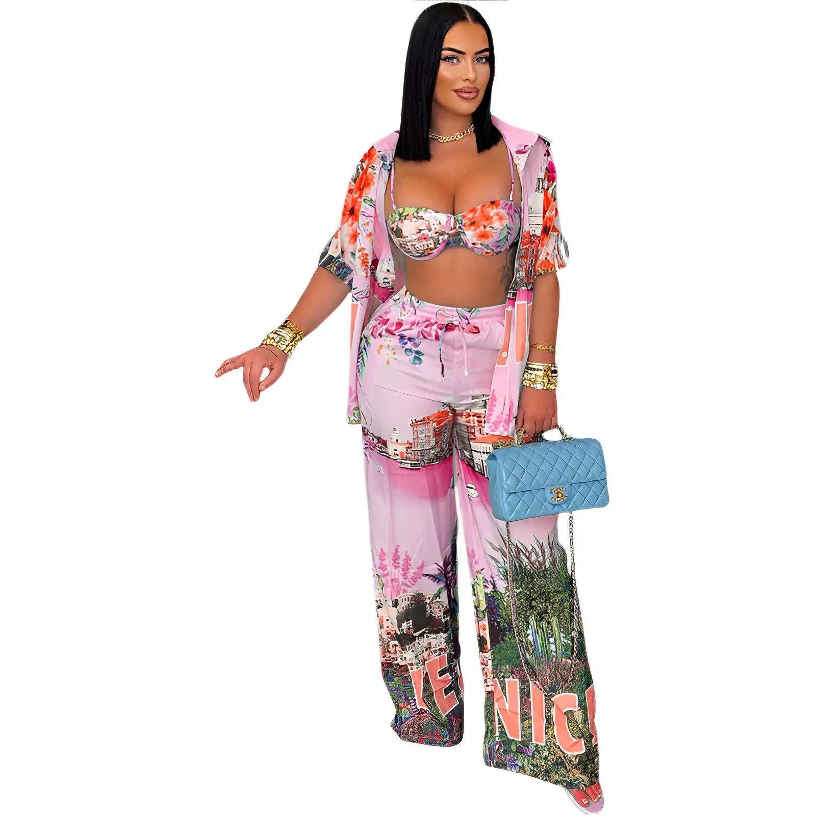 Conjunto de calças irt com estampa floral feminina verão quatro peças calças compridas country sle adulto faion conjunto