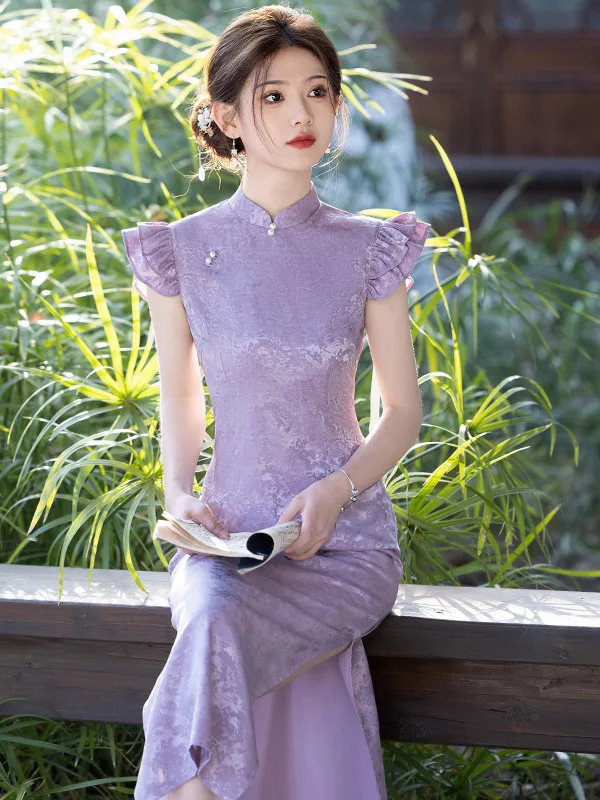 

Новое китайское длинное фиолетовое ципао без рукавов для молодых девушек, винтажное, приталенное, летнее, модное, повседневное, из полиэфирного волокна