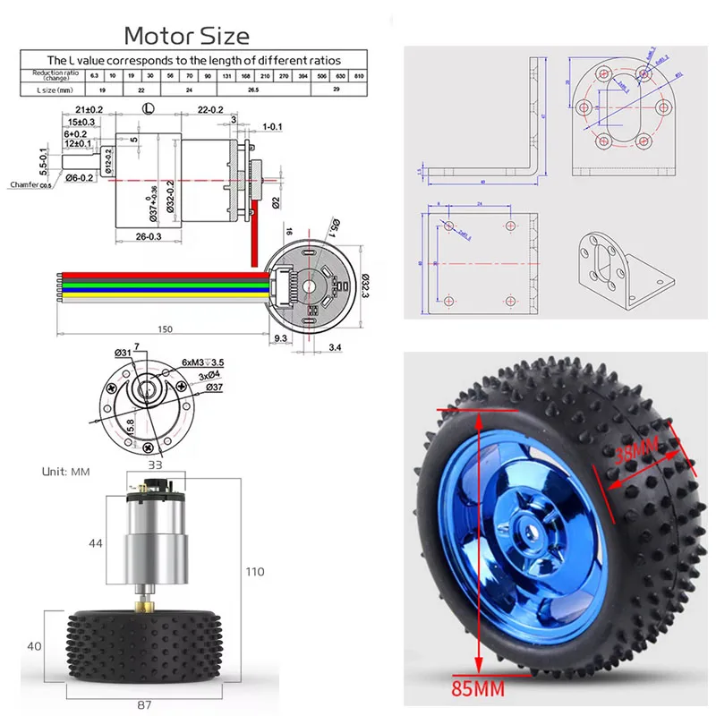 JGB37-520 hall codificador dc motor + 85mm pneu grande com suporte para medição de velocidade inteligente pequeno carro conjunto dc6v 12v 6 1590rpm