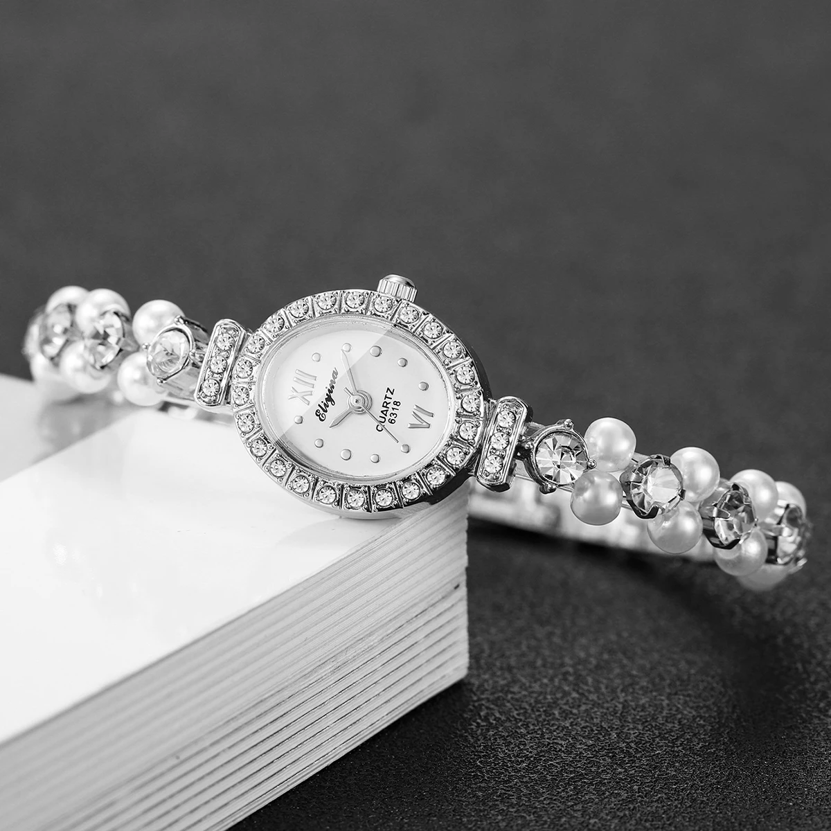 1/2 قطعة أزياء الماس روما الهاتفي المرأة كوارتز ساعة اليد مجموعة السيدات أنيقة اللؤلؤ سبيكة حزام ساعة (بدون صندوق) #5