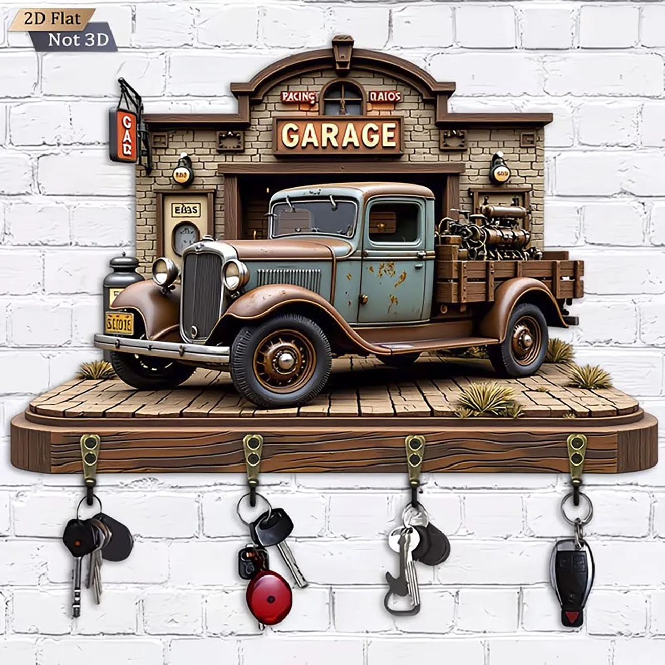 Porta Llaves de Garaje Vintage, Soporte de Pared con Impresión Plana 2D y 4 Ganchos, Decoración para el Hogar con Diseño de Camioneta Antigua