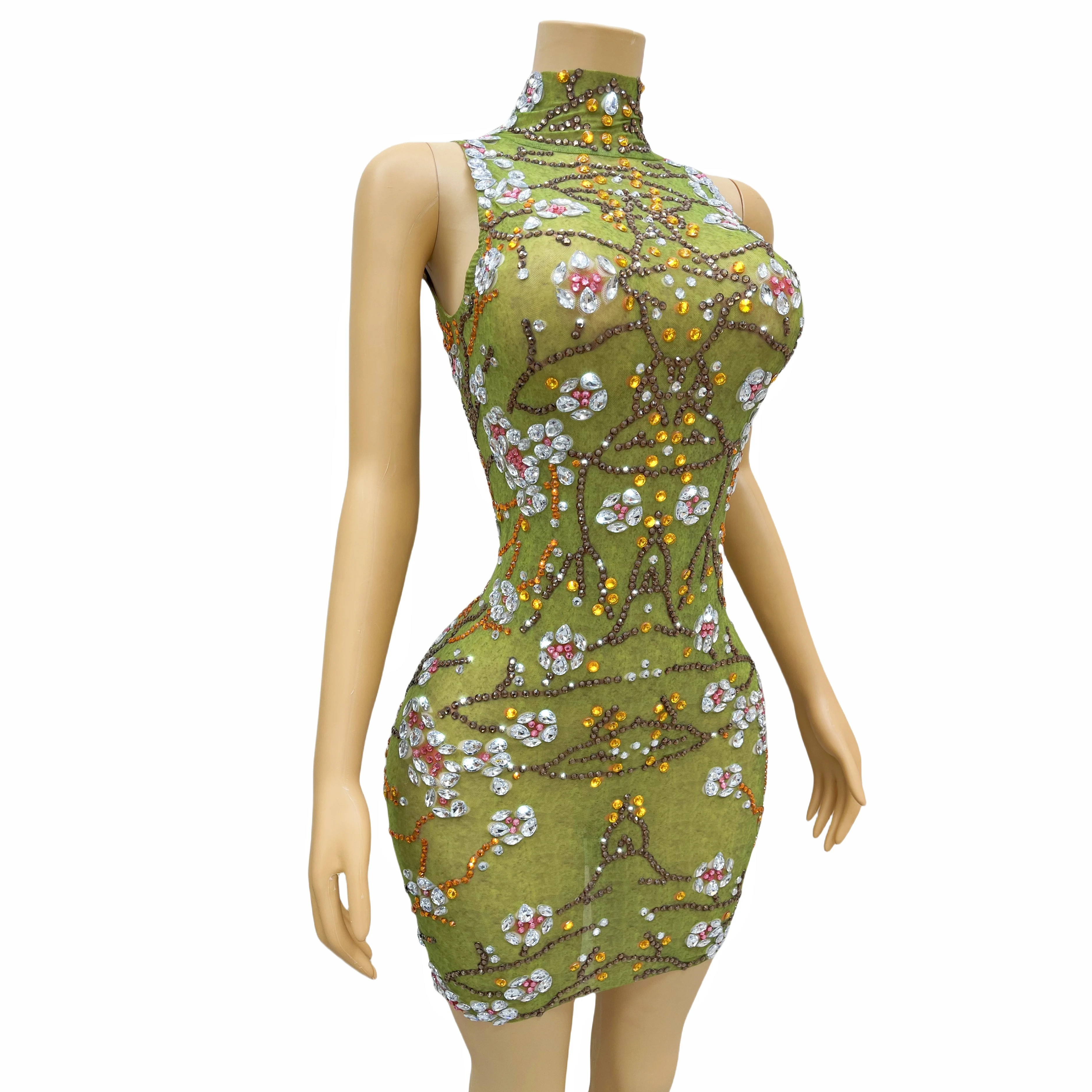 Błyszczące kolorowe raśni jasnozielona sukienka wieczorowa urodziny bez rękawów uroczystość rozciągliwy kostium seksowny strój chunhuaqiuzhi