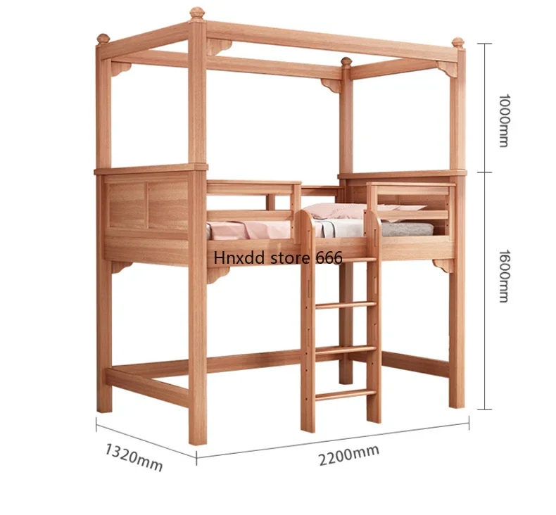 Solid wood children with guardrail on the bed and half a high bed on the table with storage