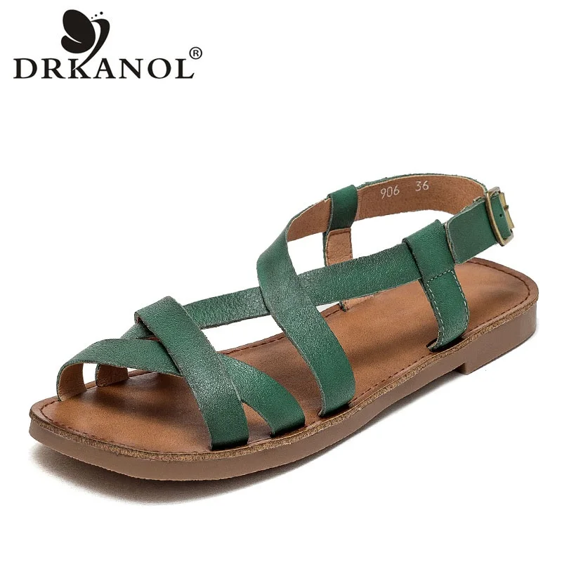 DRKANOL Literary Style Women Sandals 2024 Summer Cross Genuine Leather Open Toe Flat Sandals Women Metal Buckle Casual Shoes