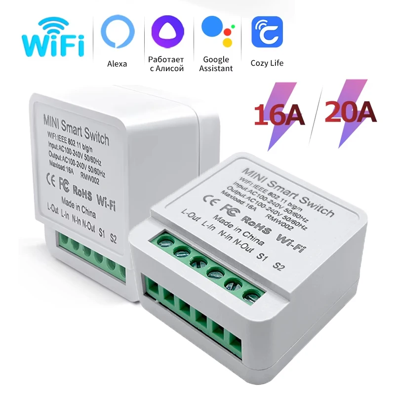 

16A 20A Mini WiFi Smart Switch Relay Breaker 2-Way Control Cozylife App Remote Control DIY Module Supports Alexa Google Home