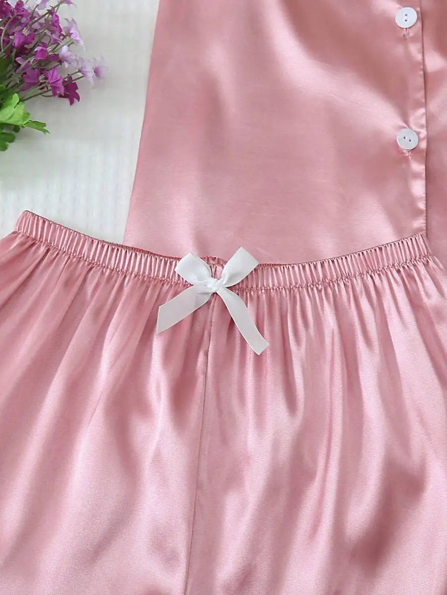 

Womens Satin Short Sleeve Collar Top And Bow Shorts Pajama Set