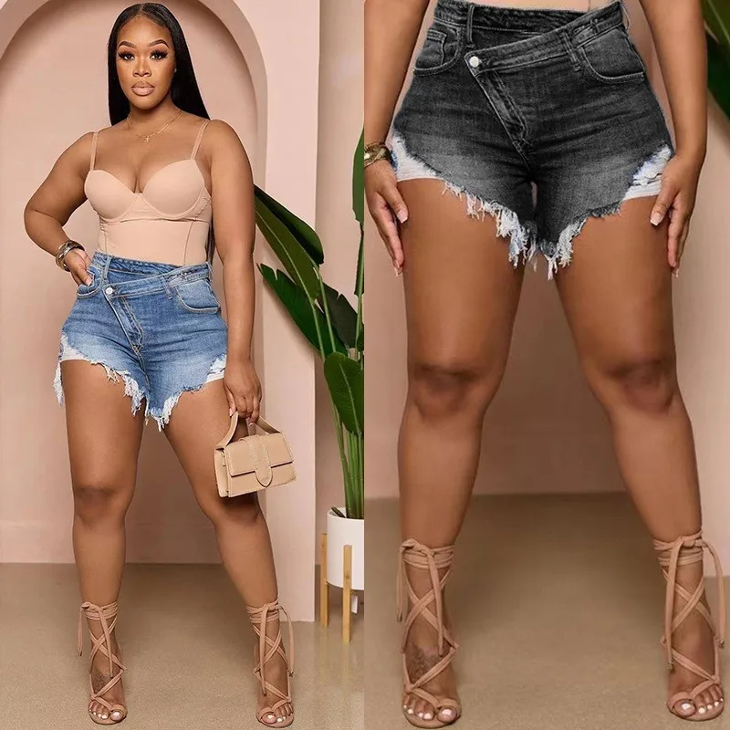 Women's High Waist Skinny Slim Fit Distressed Straight Leg Cotton Shorts with Frayed Hem for Streetwear Boho Summer Style