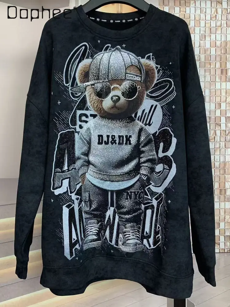 

Весенне-осенний новый свитшот унисекс оверсайз с круглым вырезом, с принтом «Медведь в шляпе», в стиле стритвир, для женщин