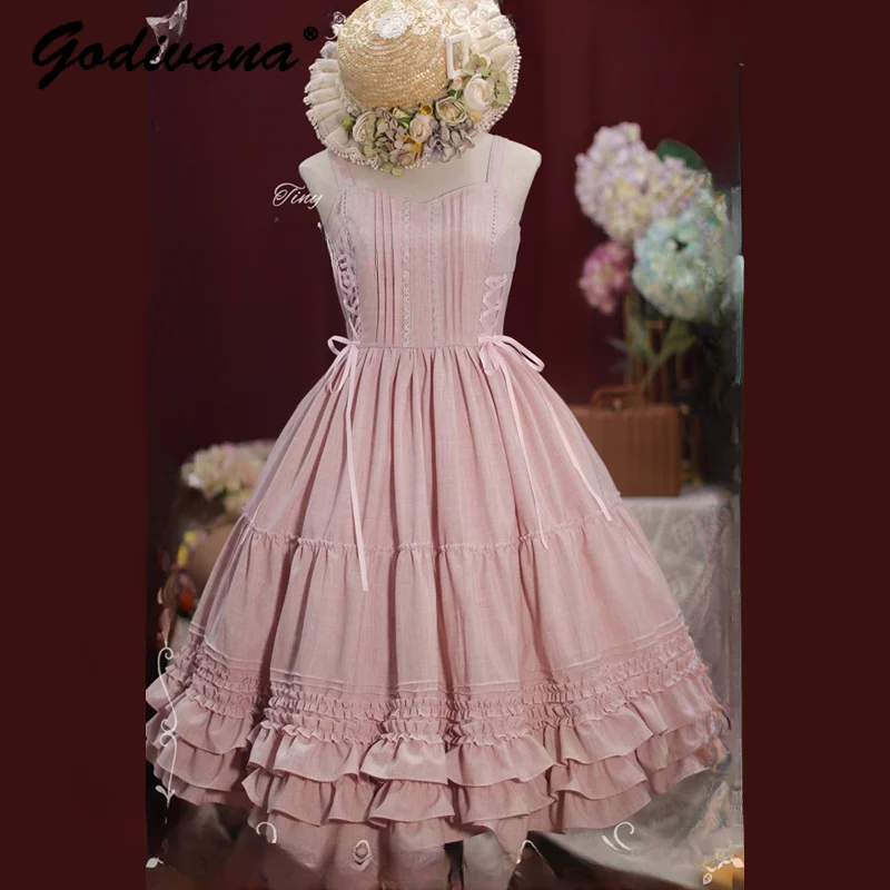 

Lolita Double Pull-Belt Bow Elegant JSK Vest Dress New Spring and Summer Girl Women's Vintage Sleeveless Long Tank Dress