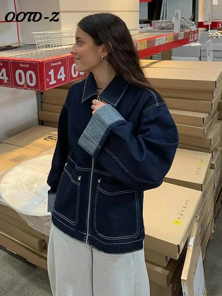 

Шикарные лоскутные джинсовые куртки, комплекты брюк, женские свободные брюки с лацканами и карманами на молнии, прямые брюки, осень 2024, уличные женские костюмы