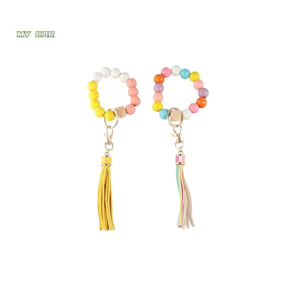 

Solid Color Beaded Bangle Multicolor Beads Leather Tassel Bracelet Keyring Colorful Anti-lost Silicone Keychain Men