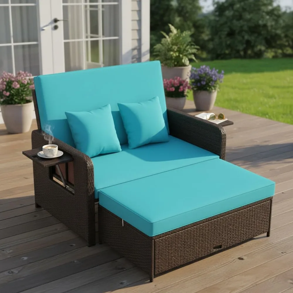 

Patio Rattan Daybed with 4-Level Adjustable Backrest, Outdoor PE Wicker Loveseat with Storage Ottoman & Folding, Customized