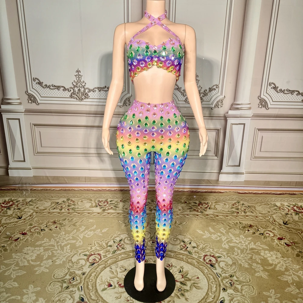 Colorful Crystals Crop Top Pants Two Pieces Set Evening Birthday Celebrate Outfit Sexy Mesh Leggings Dance Costume Stage Wear