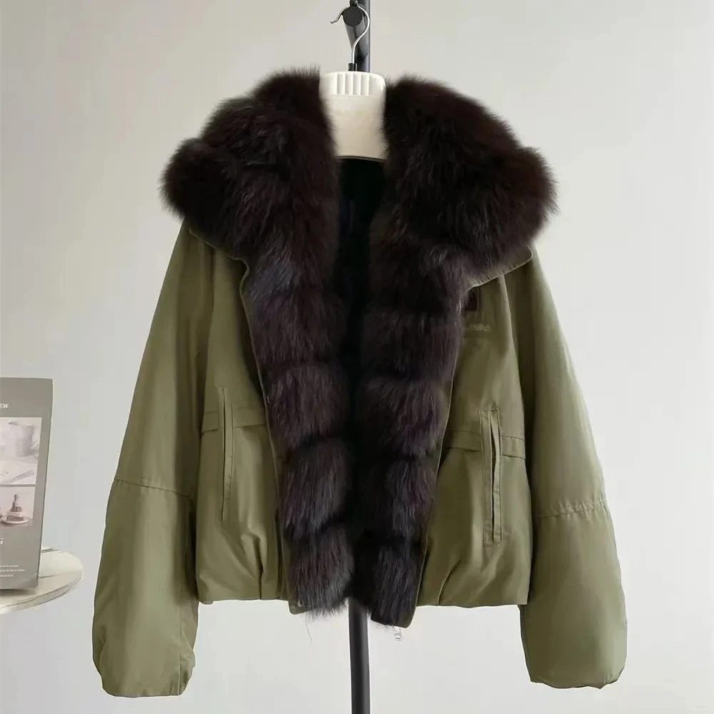 Chaqueta de plumón Parker gruesa y cálida para mujer, abrigo con cuello de piel de zorro desmontable, prendas de vestir cortas y cálidas, novedad de 2025