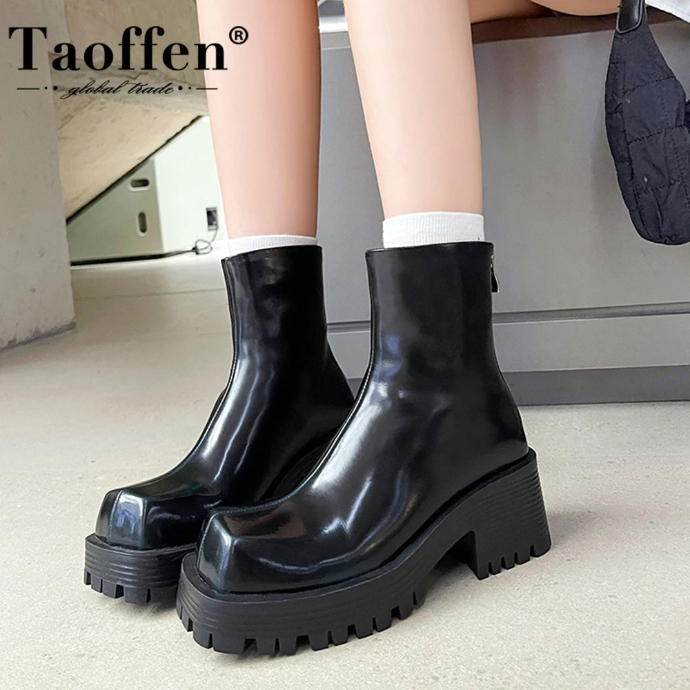 

Taoffen Women's Platform Boots Stylish Square Toe Real Leather Ankle Boots Comfort Slip On Thick Block Heel Winter Short Boots