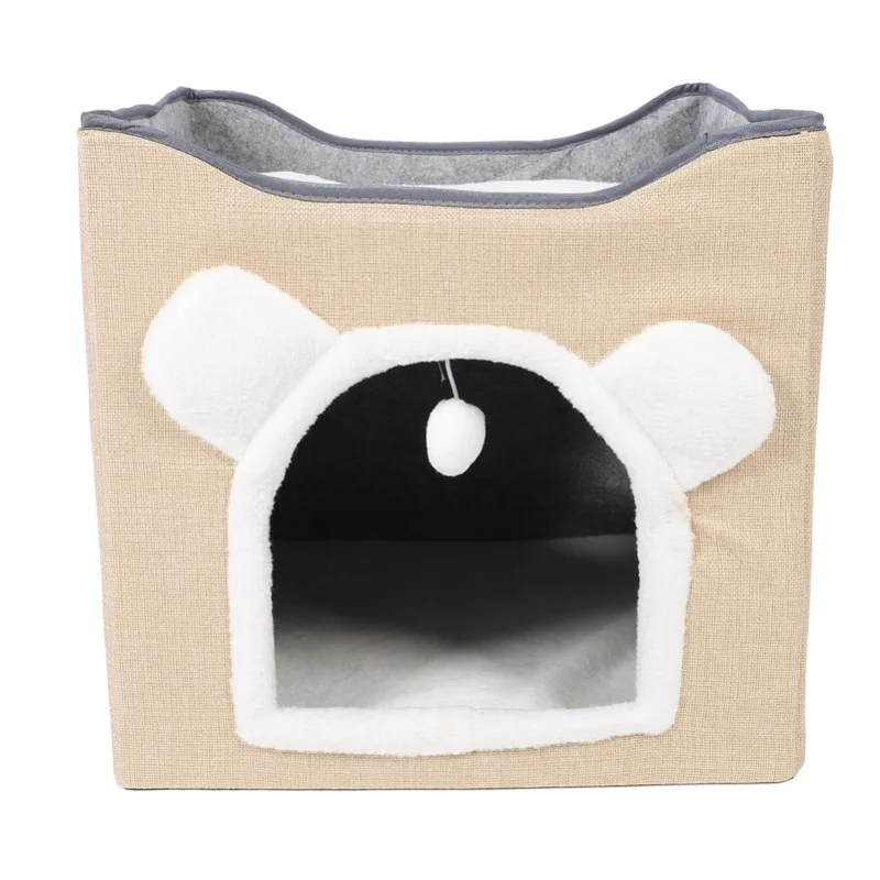 Foldable Cat Hideaway With Hanging Ball Scratch Plate Cat House Cat Bed Cave For Small Pet Kitten Beige