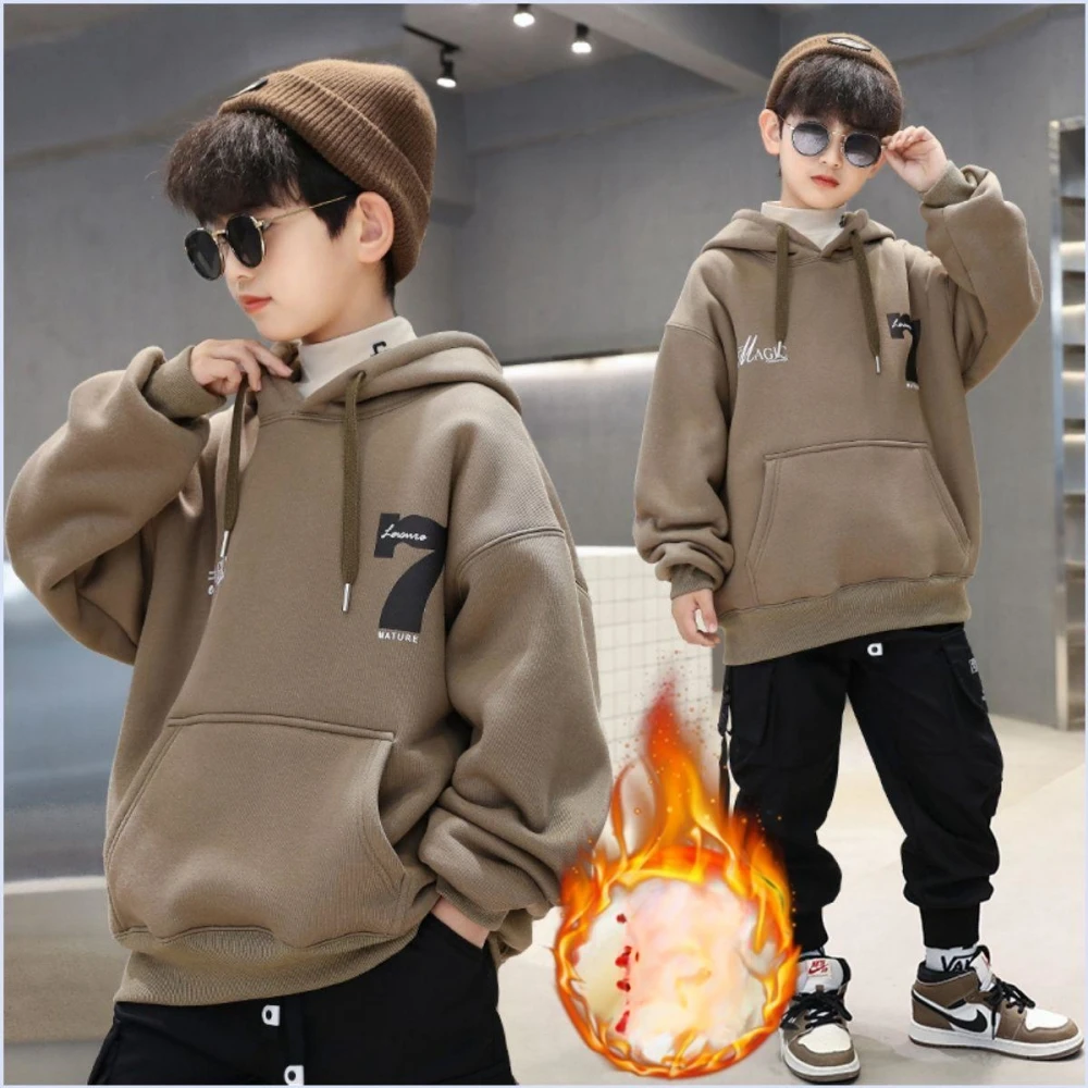 

Boys Autumn Winter Hoodies Plus Velvet Thicken Warm Children Korean Printed Full Sleeves Hooded Tops Fashion Pullover Outerwear