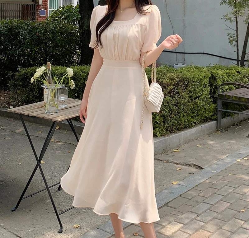 

Summer Elegant Temperament Square Collar Tied Waist Slimming Mid Length Bubble Sleeve Dress for Women
