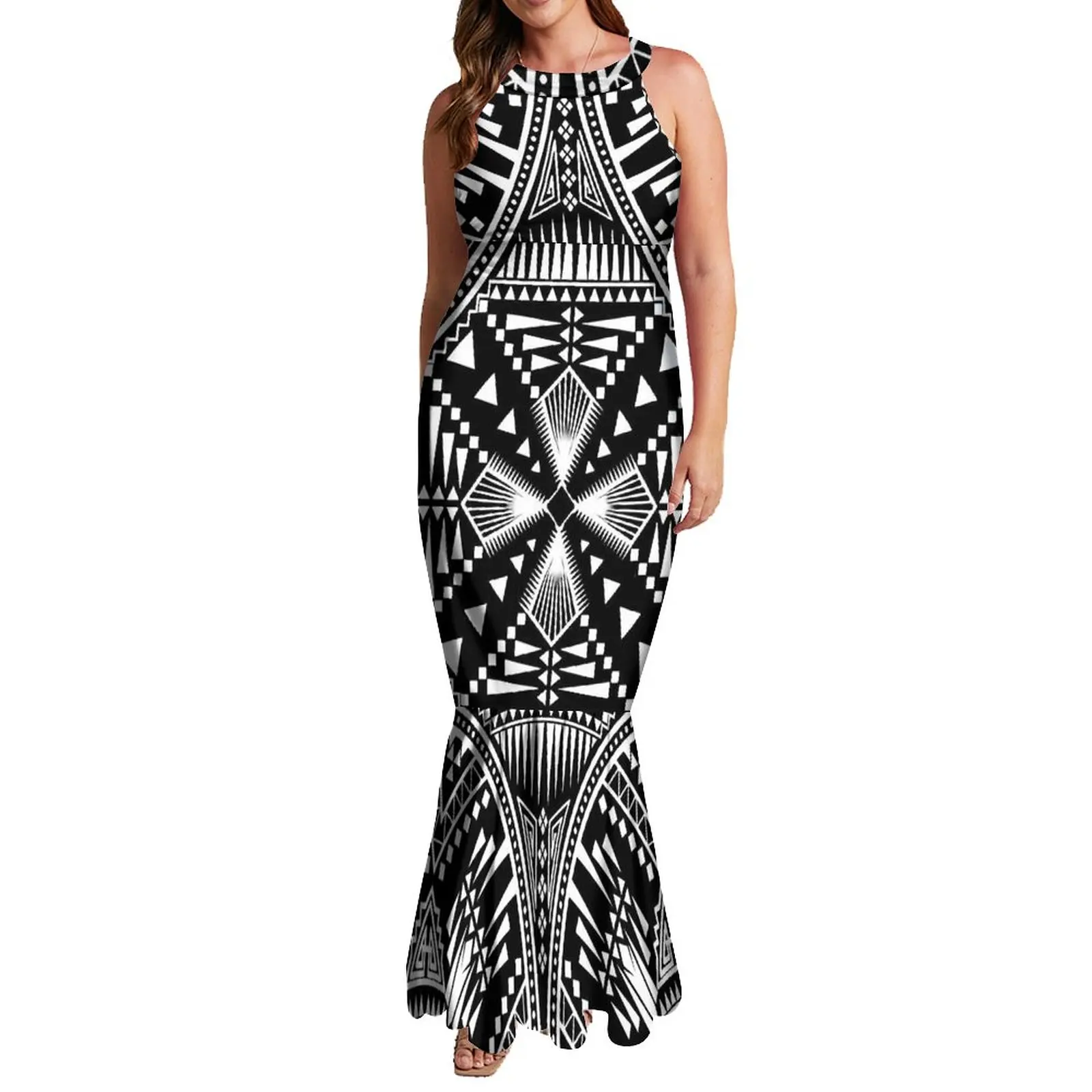 Sustainable Polynesian Style Casual Long Fishtail Dress Pacific Island Art 7XL Trendy Sleeveless Mermaid Dresses For Party