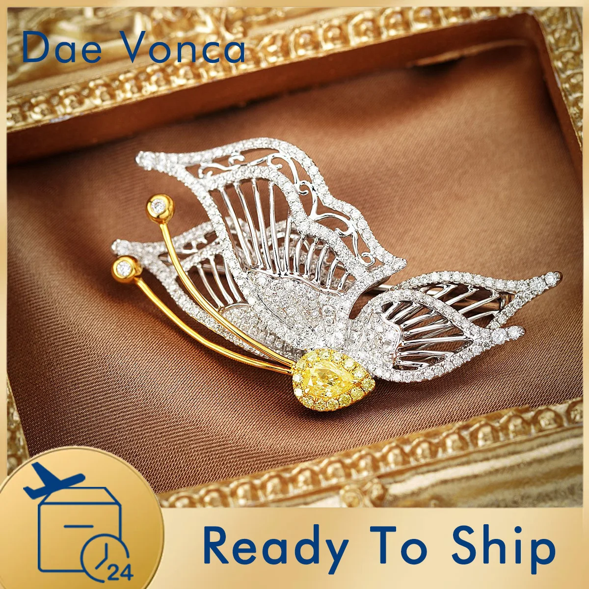 Center Stone Yellow Pear Cut Natural Diamond Brooch 18K White Gold Butterfly Shaped Openwork Brooch Gift For Women