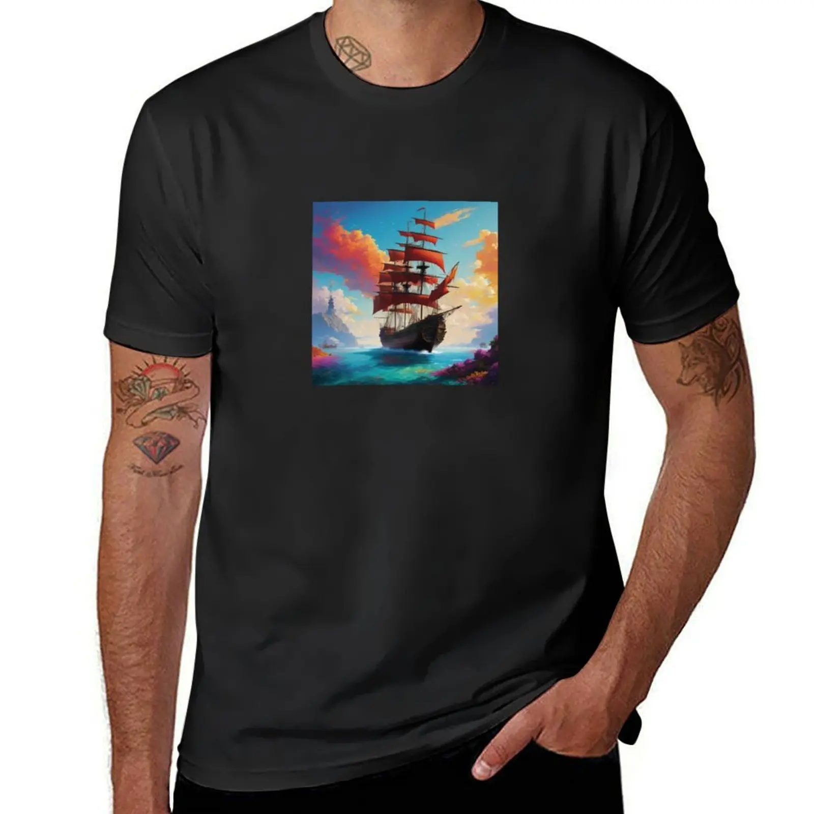 Vibrant Pirate ship sailing at sea T-Shirt tees sports fans customs t shirt men