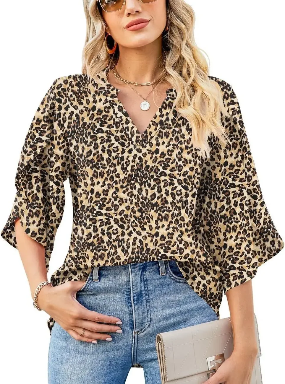 2024 Autumn New Women\'s Shirts V-Neck Printed Leopard Chiffon Shirt Petal Sleeves Top Blusas