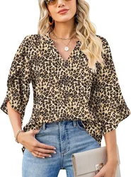 2024 Autumn New Women's Shirts V-Neck Printed Leopard Chiffon Shirt Petal Sleeves Top Blusas