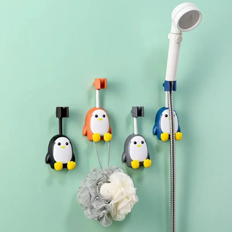 Cute Penguin Showerhead Bracket 360° Rotateable Shower Holder Wall Mounted Self-Adhesive Shower Rail Head Holder With Hooks