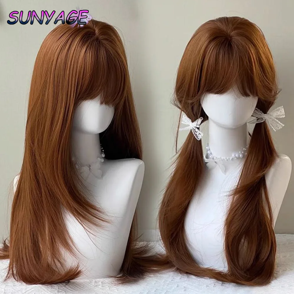 

SUNYAGE Синтетический парик темно-оранжевый термостойкий слой парик из натуральных прямых волос с элегантной челкой для вечеринок, подходит для женщин