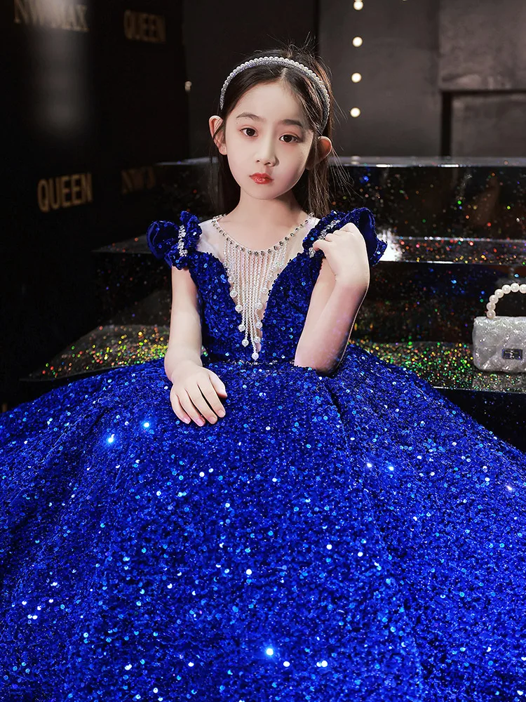 Shiny Sequined ชุดเดรสผู้หญิงลายดอกไม้ประดับด้วยลูกปัดประณีตคริสตัล Party วันเกิดสำหรับเด็กชุดไปงานเต้นรำชั้นความยาวชุดเจ้าหญิง