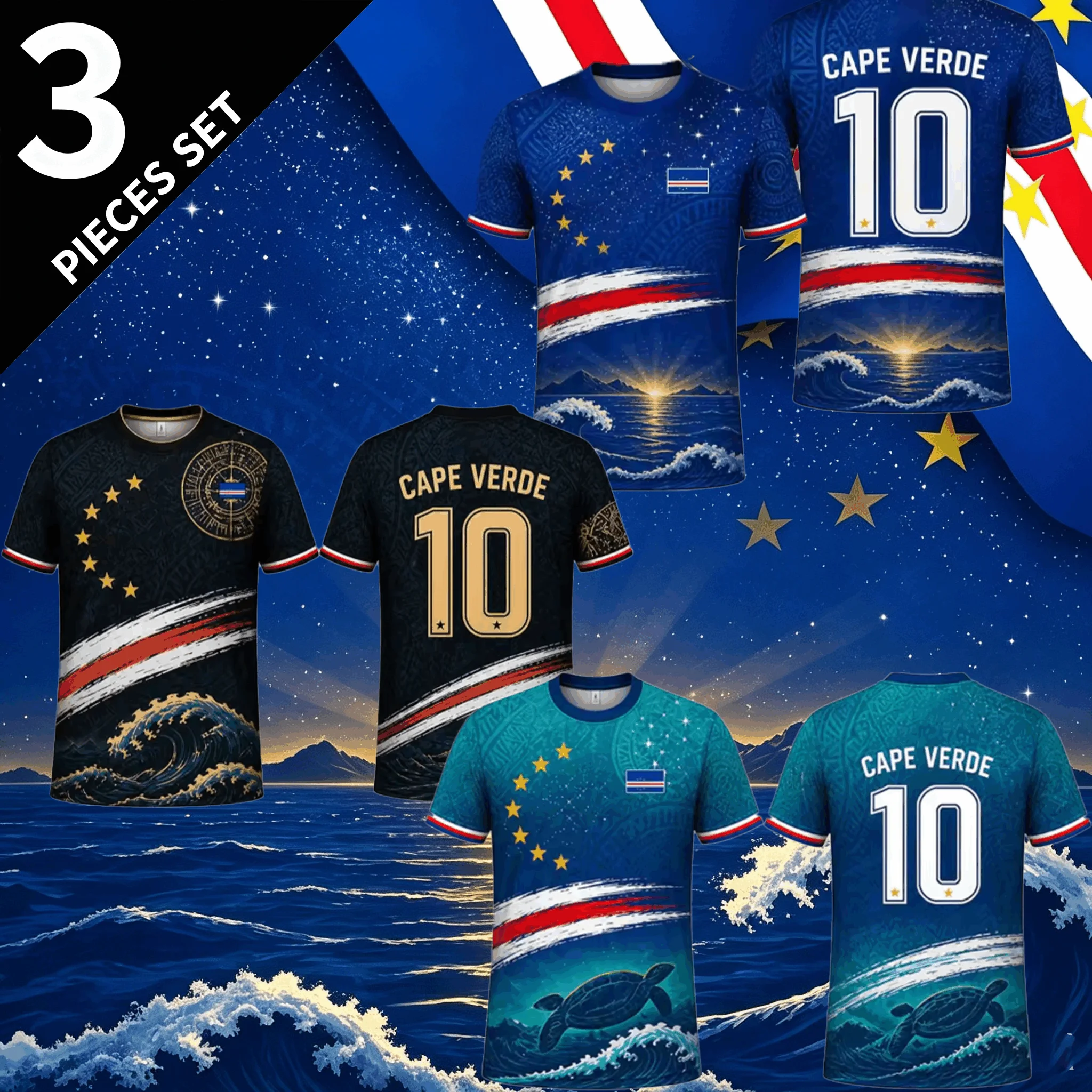 2026 New Men Cape Verde Flag 3D Print Football Jersey, Quick Dry Breathable Street Top, Single Piece & Bundle Options