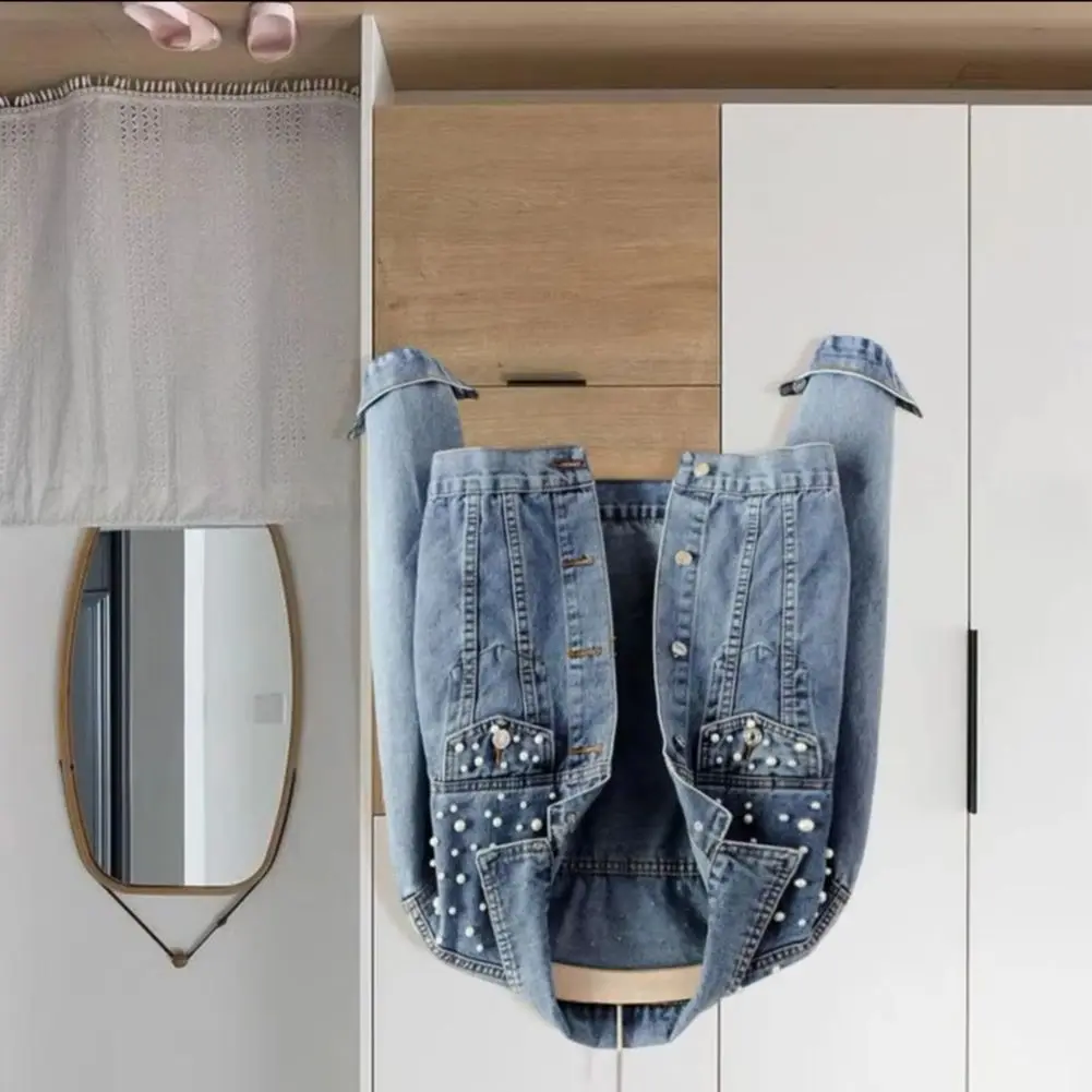 Women Denim Jacket Single-breasted Short Breathable Keep Warm Beads Decor Cardigan Imitation Pearl Autumn Coat Female Clothes
