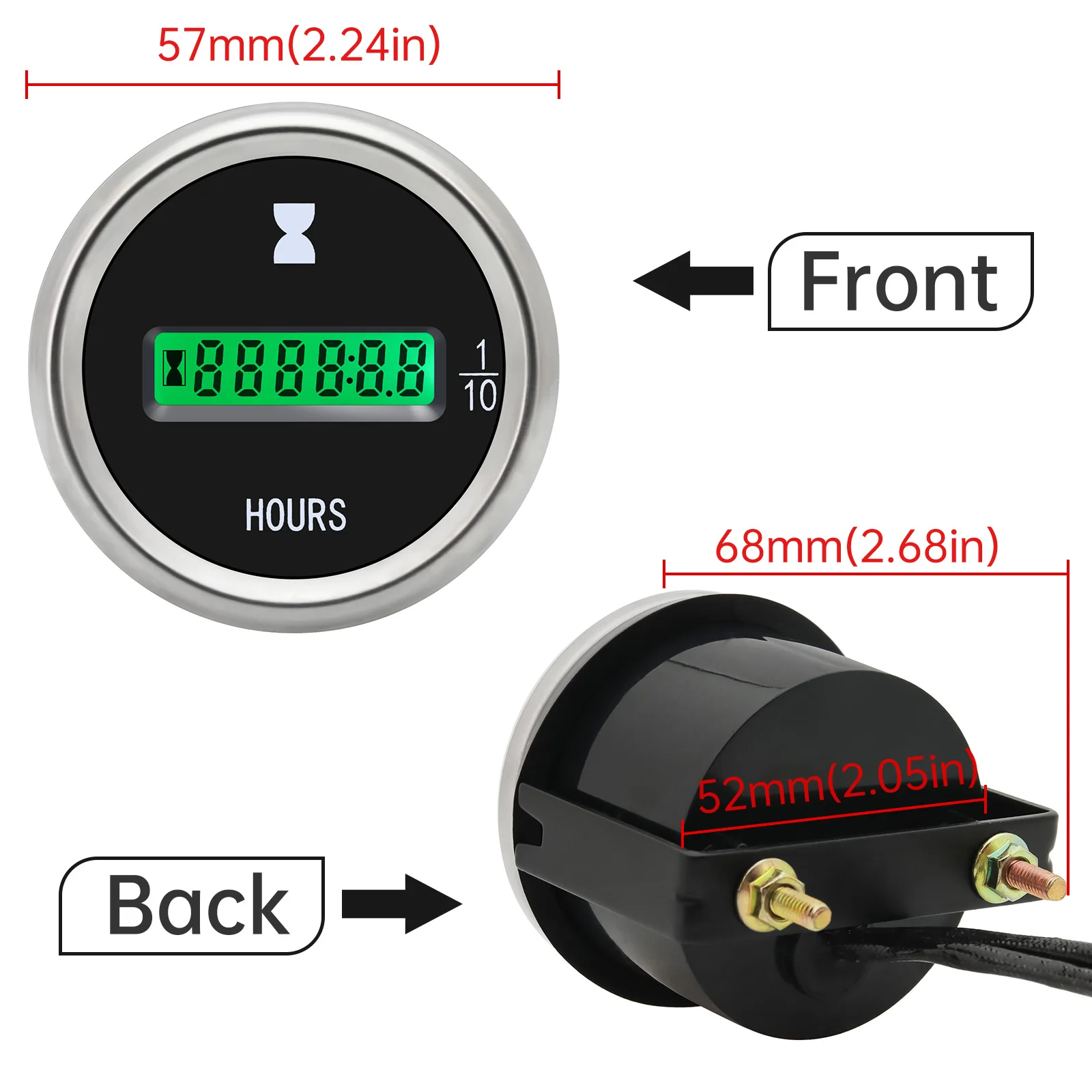 HD 52mm Digital Hour Meter LCD Display Hour Meters for Car Truck Auto Engine Hourmeters Time Hours Gauge Green Backlight 12V/24V