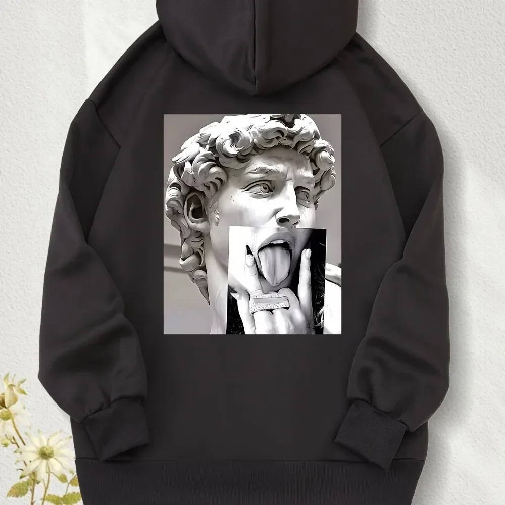 

"David" Sculpture Print Hooded Drawstring Sweatshirt with Front Pocket, Long Hoodie Long Sleeve Pullover Women Men Tops