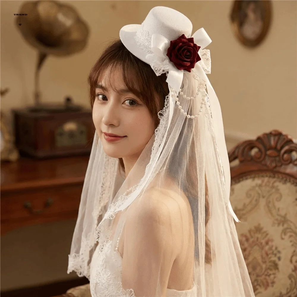 

Lace Gothic Lace Veil Chain Detail Elegant Style Mini Top Chiffon Rose Hat Victorian Rose Decoration Retro Small Top Hat