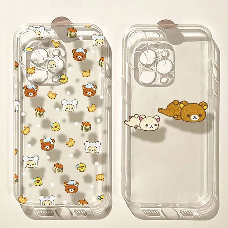 Full Screen Cute Rilakkuma Bear Phone Case For iPhone 16 15 14 13 12 11 Mini Pro Max X XR XSMax 7 8 Plus Transparent Soft Back