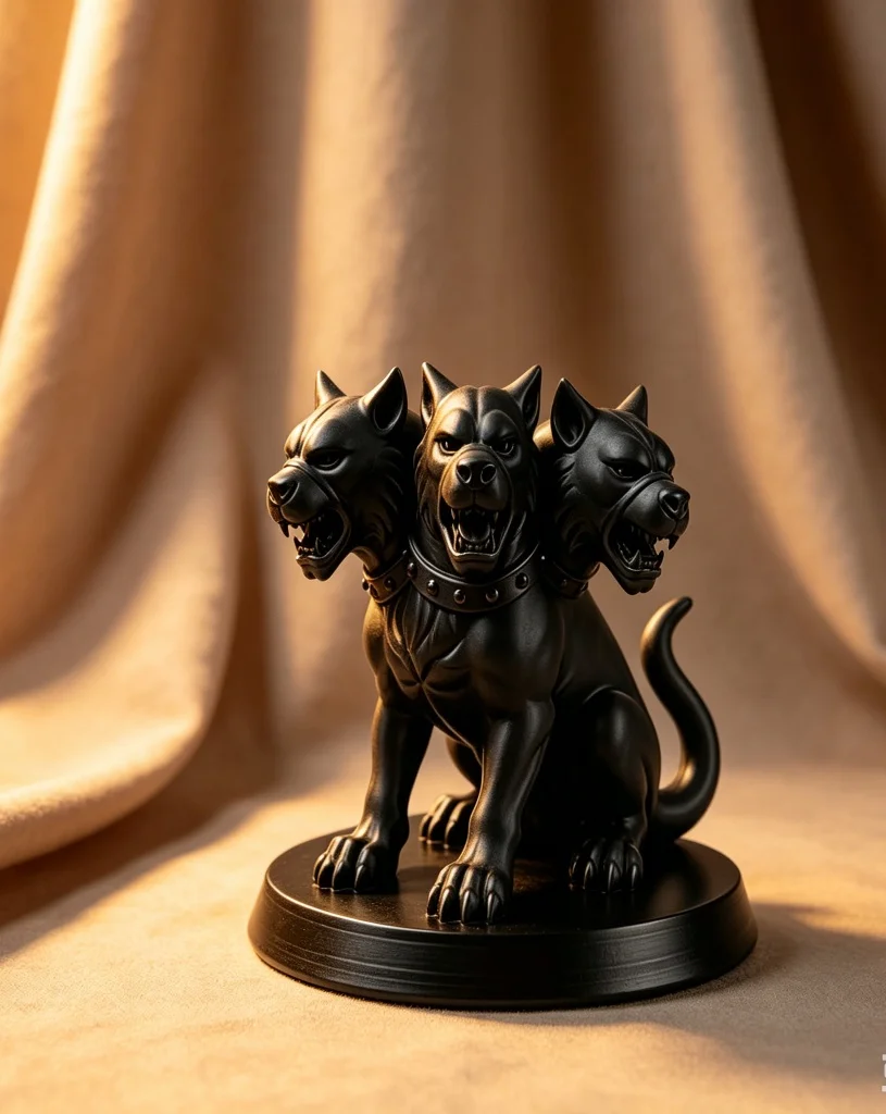 Majestic Three-Headed Hound Figure 3D Modeled Display Shelf Styling Dramatic Ornament Compact Size Glossy Texture