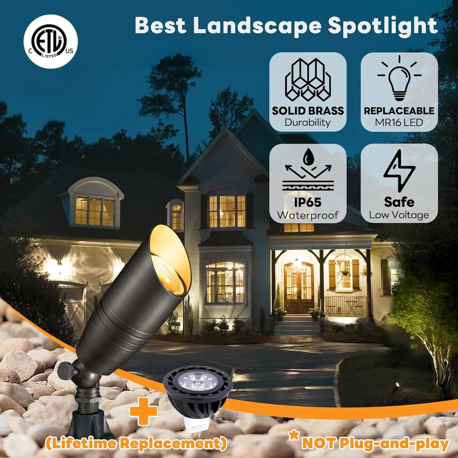 Solid Brass Landscape Spotlight Wired, 12V Outdoor LED Bullet Uplights, Waterproof Electric Bronze for