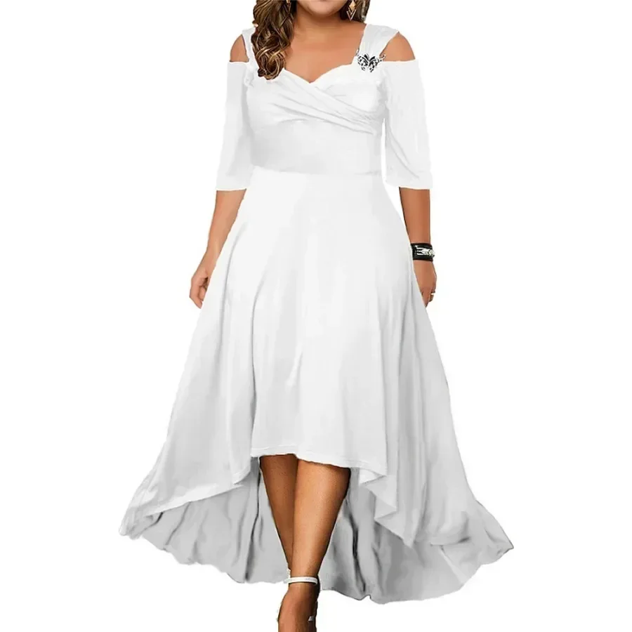 2024 Women\'s Off Shoulder Oversized Dress Solid Large Casual Dress for Fat Women Summer Half Sleeves Long Ruffle A-Line Dresses