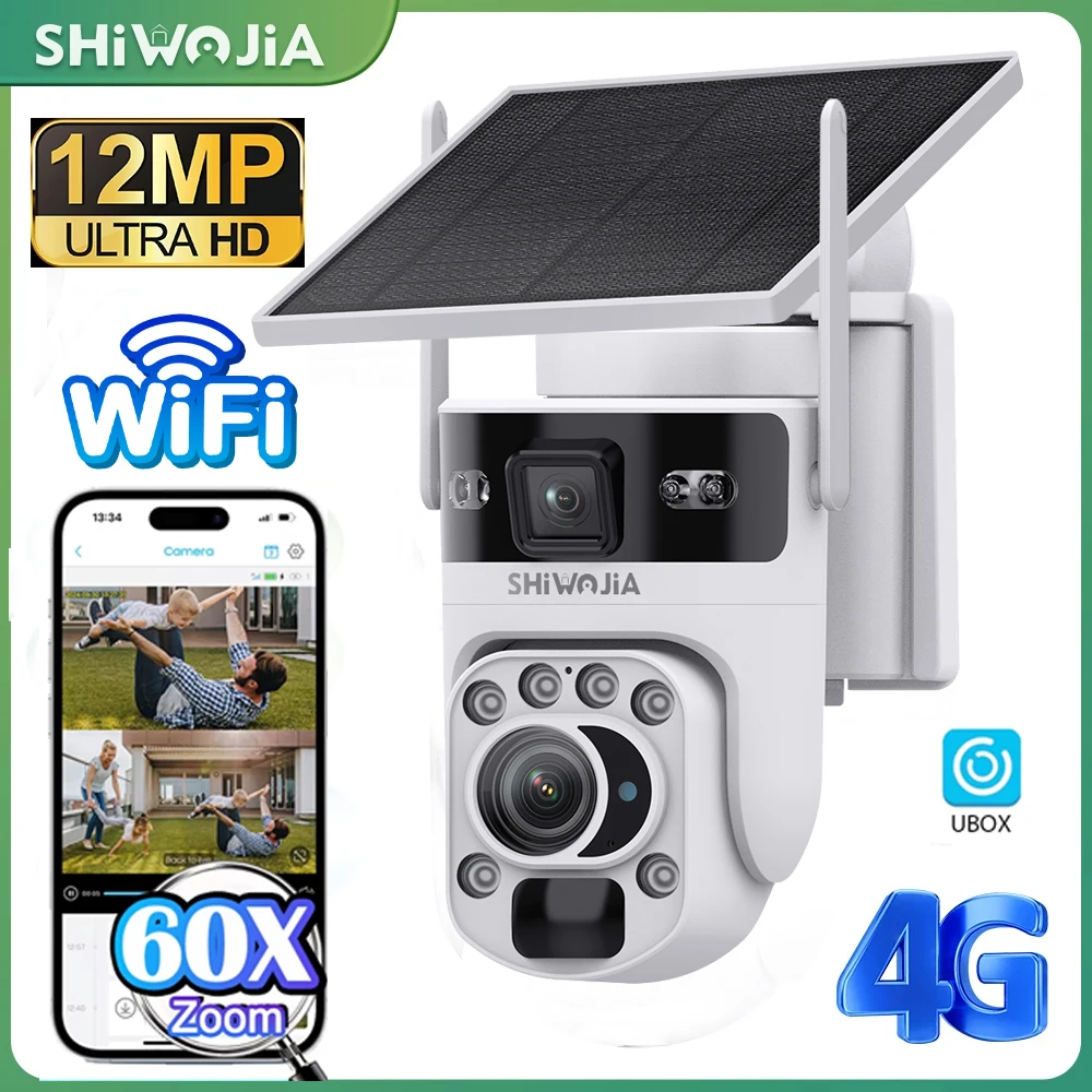 

SHIWOJIA 12MP 60X ZOOM Solar Powered Camera 4G SIM 8W Solar Panel 10500mAh Battery WIFI Security PTZ IP Camera Humanoid Tracking
