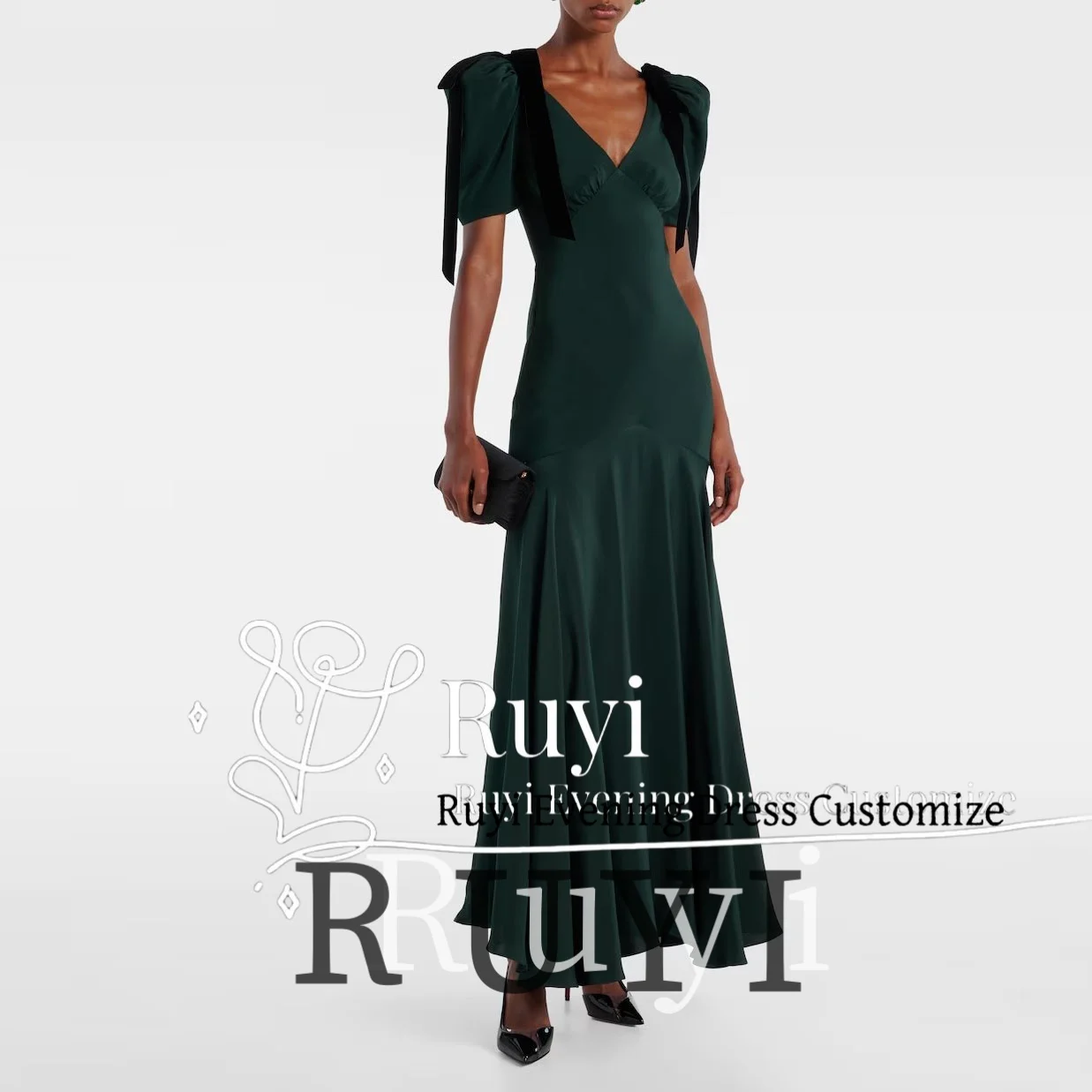 

Customized V-Neck Short Sleeves Ribbons Prom Dresses For Special Occasion Elegant Formal Gown Draped Dark Green Evening Dress