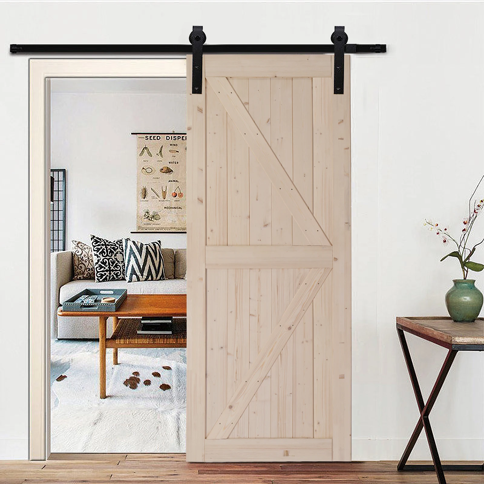 36 in. x 84 in. Unfinished Sliding Barn Door ，K Frame，Solid Spruce Wood，Requires Simple DIY Assembly