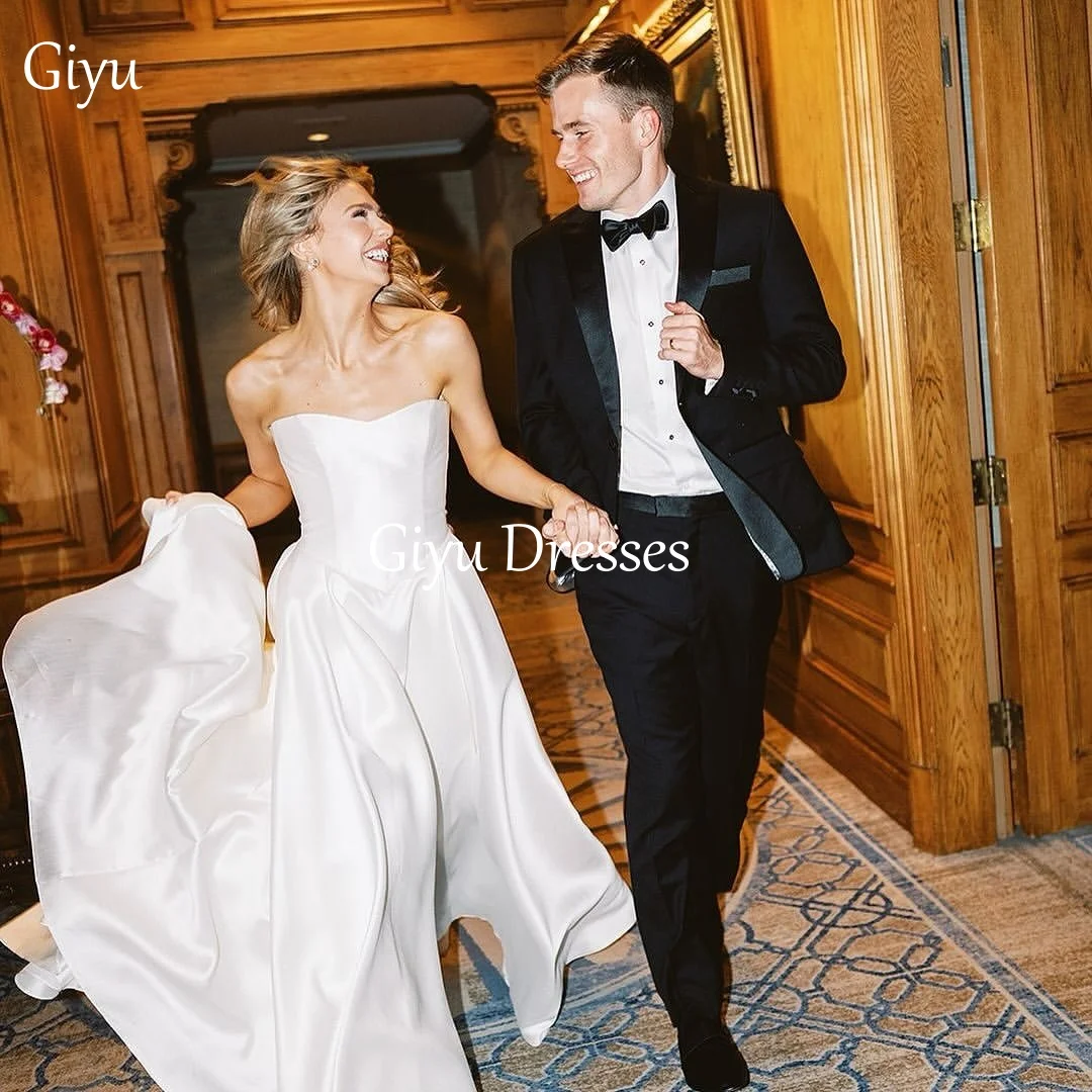 Giyu Elegant White Satin Long Wedding Dresses Sweetheart Off Shoulder European Women Formal Vestidos De Novia Customized