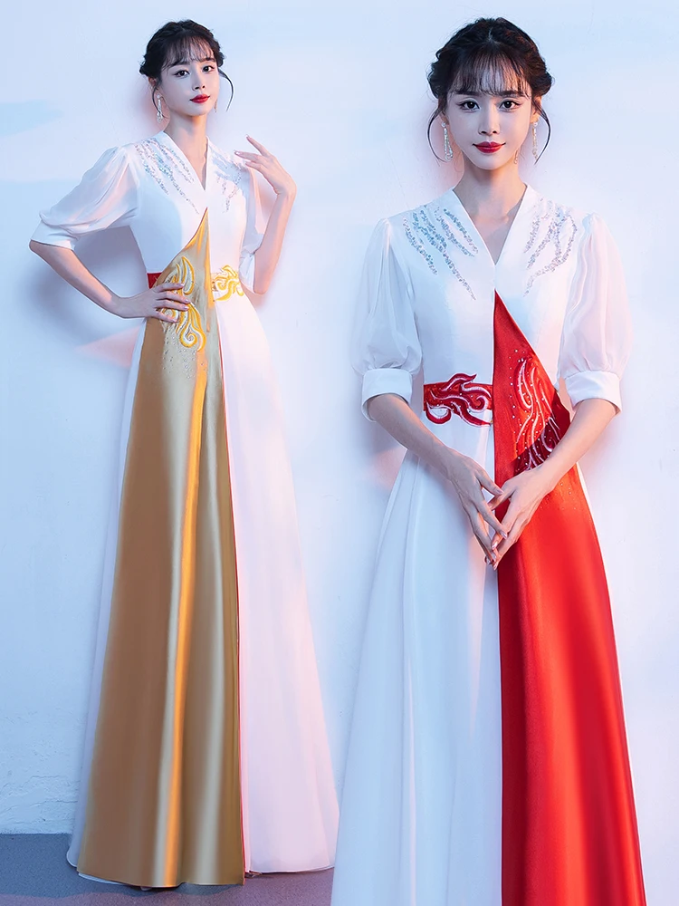 

Color-Changing Women's Performance Outfit Host Conductor Gown Modern Transformation Long Skirt for Chorus Performance Red Son...