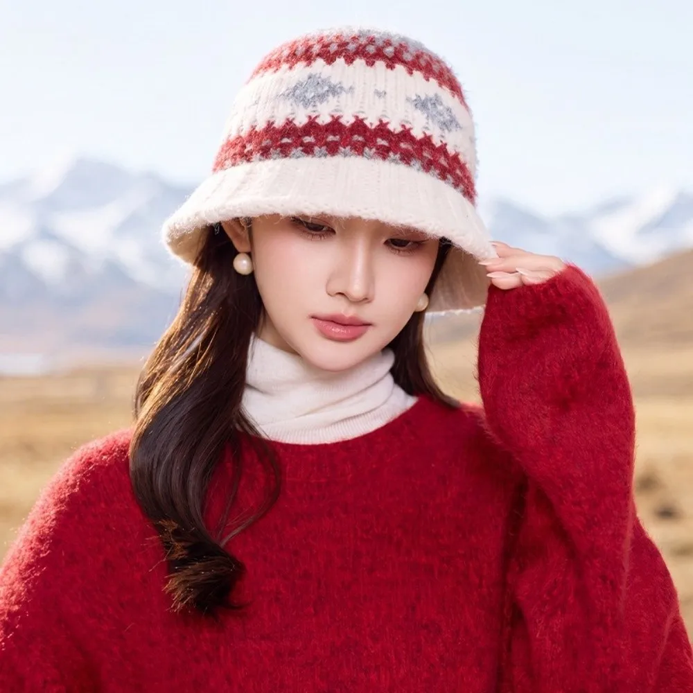Casual Warm Jacquard Knitted Hat Wool Korean Jacquard Pattern Beanies Mohair Soft Knitted Fisherman Hat Apparel Accessories