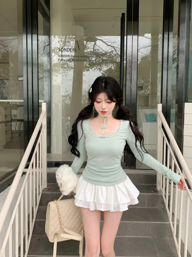 Green Tops Tee Women Long Sleeve Lace Trim Bows Decoration Cute T-shirt for Sweet Girls Kawaii Clothes