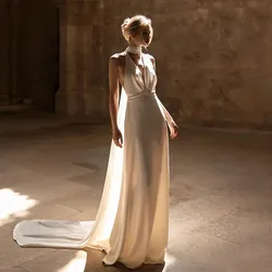 Elegant Mermaid Satin Wedding Dresses For Woman Sexy Backless with Button Pleat Halter Sleeveless Dress Sweep Train Customized