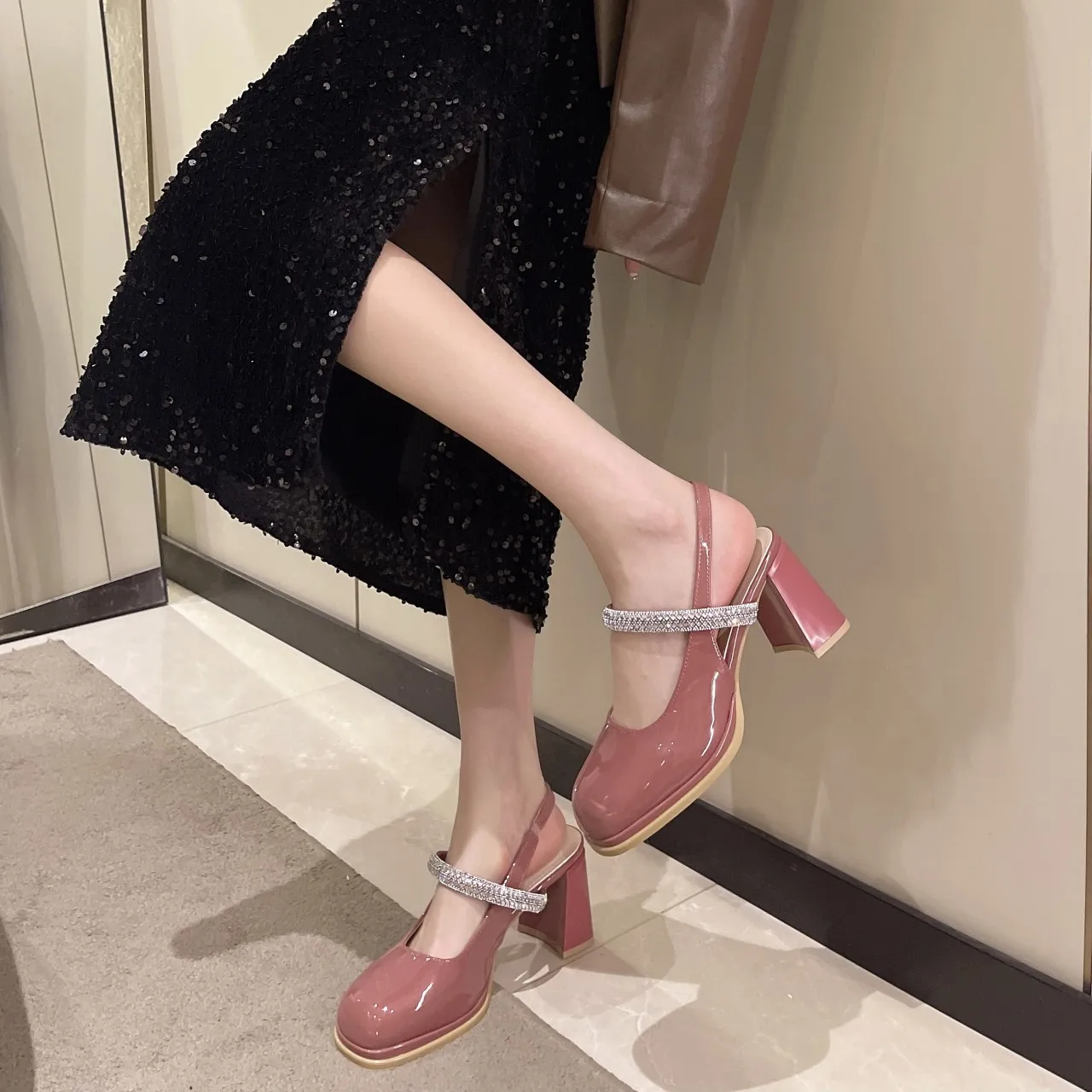 French Toe Sandals Women's Back Space Summer  New Fashion Single Shoes Rhinestone Block Heel Women Mary Jane Women's Shoes