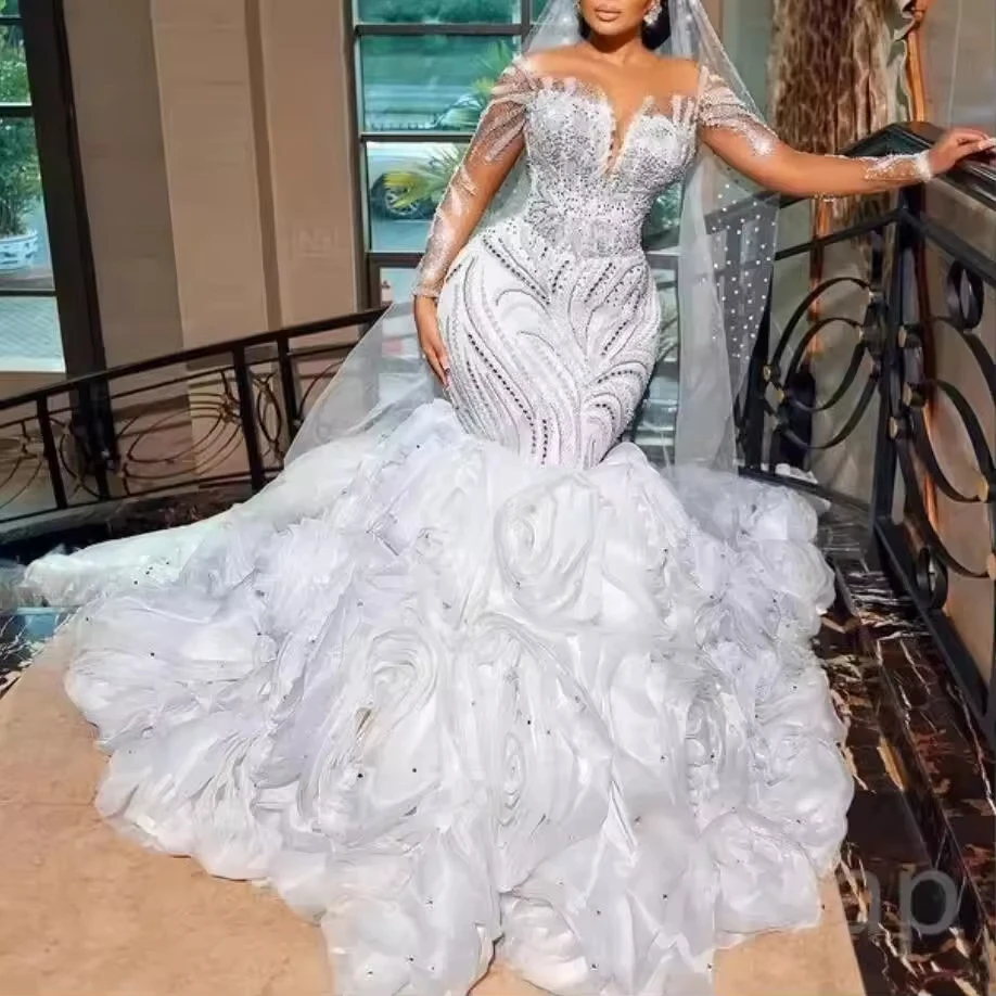 

Customized Luxury Church Plus Size Convertible Bridal Gown Rose Applique Trumpet Dress 2 in 1 Detachable Mermaid Wedding Dresses